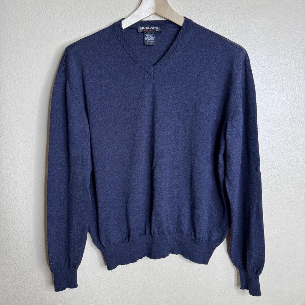 Kirkland Signature Sweater Men's Large Purple V-neck Merino Wool Casual Pullover